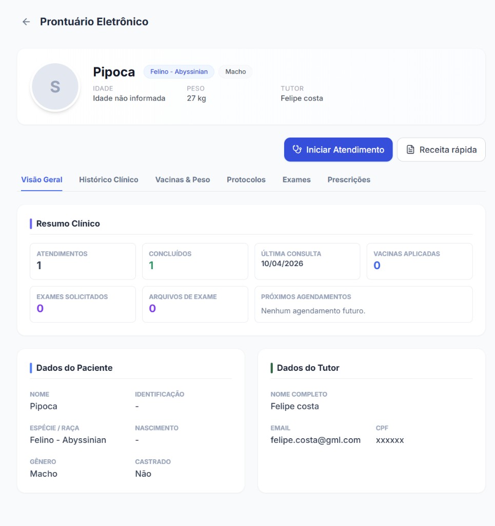 BowVet Perfil do Paciente — prontuário eletrônico com resumo clínico e dados do tutor